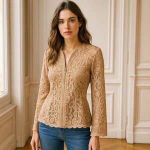 Josie Natori Lacquer Nude Lace Top NWT Zip front Semi Sheer Peplum